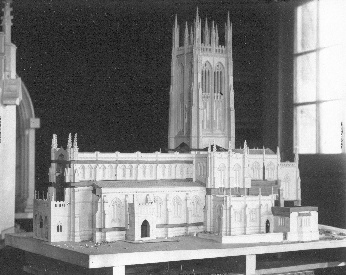 This model of the church shows how Raymond Pitcairn tested his own proposal that the aisle and the clerestory walls be heightened. The dark lines are strips of wood inserted into the plaster model.
