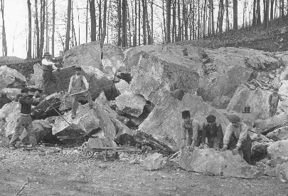 Bryn Athyn Quarry. One of the historical photographer's problems is the tendency of his subjects to strike a pose. These men form an excellent composition; at other times they quarried quite a lot of fine metamorphosed granite.