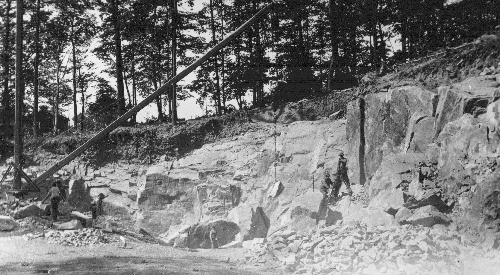 The quarry at Bryn Athyn, from which all the stone for the exterior walls of the church building was taken. Its opening followed intensive search for suitable stone throughout the northeastern United States.