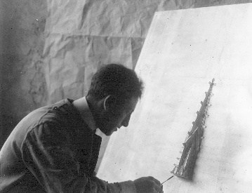 One of the earliest workers in the modeling shed setting his hand to the finishing of a plaster pinnacle. He and others spent many years at this function, noted by Kingsley Porter, a leading student of medieval architecture, as essential to great architectural creation.