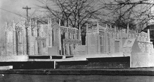 These two models of the church building offer dramatic evidence of the growth of design. The right-hand model was the second, developed out of the original architects' offices in Boston. The one at left, two years later (but not the last) was made in Bryn Athyn. Design changes include greater height, the adding of transepts, and arched windows in the nave clerestory.