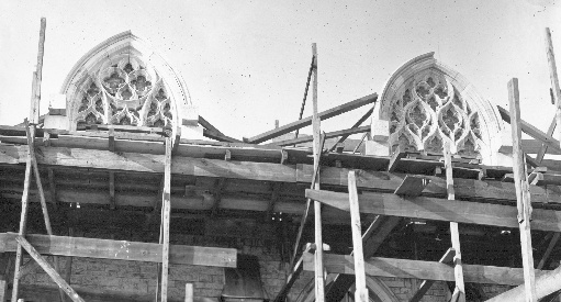 Models of the tracery arches of windows for the nave clerestory are set up for study from ground level. These two windows exemplify the indefinite variety of pattern characteristic of detail design throughout the Cathedral.