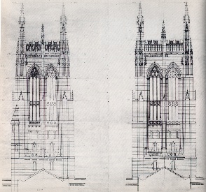 Two line drawings of the tower facade compare the straight outline as originally designed with the more graceful lines employing an entasis, or slight inward curve. Each of the four tower walls is battered, giving a pleasing effect of gentle tapering.